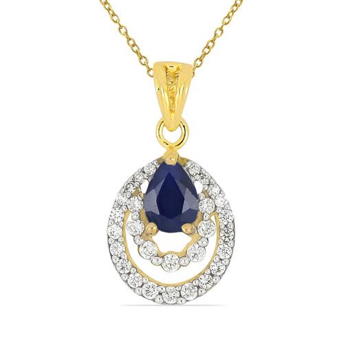 14K GOLD NATURAL BLUE SAPPHIRE GEMSTONE CLASSIC PENDANT WITH WHITE DIAMOND